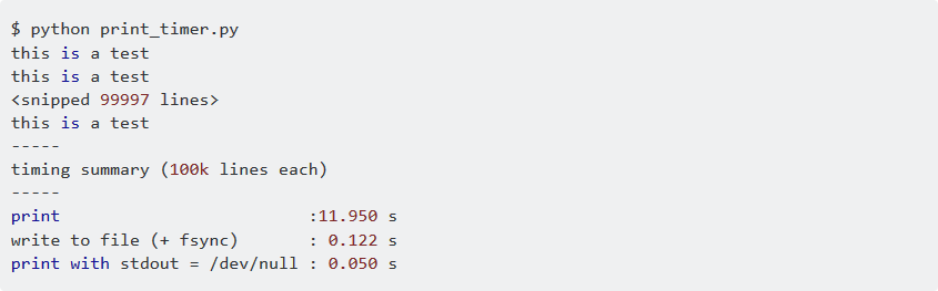 Time cost for printing to stdout, file and /dev/null