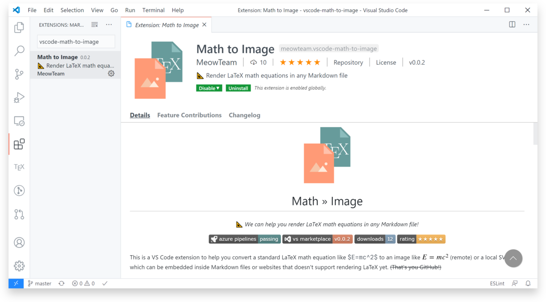 VS Code 插件市场搜索：vscode-math-to-image