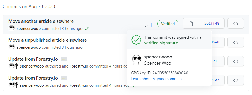 使用 GPG 签名的 commit 会在 GitHub 上显示 Verified 标志
