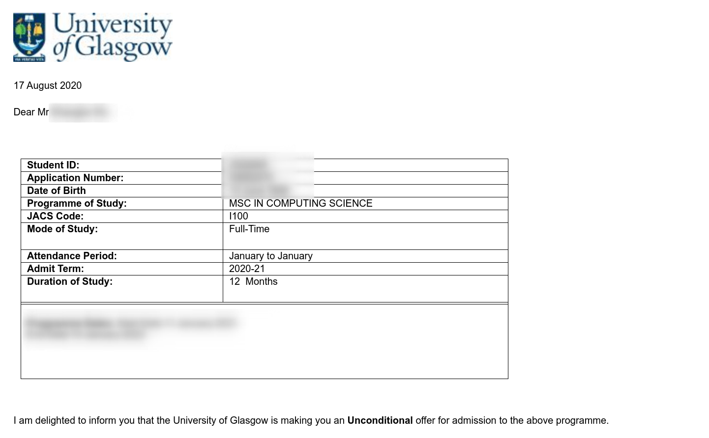 Unconditional Offer from UofG
